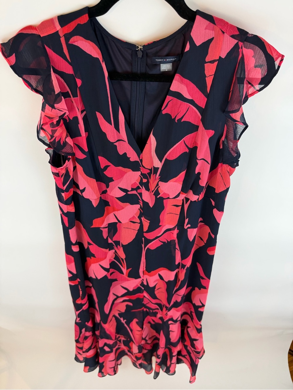 Tommy Hilfiger Floral Print Ruffle Sleeve Dress Navy Pink Red Size 12 - Picture 3 of 9